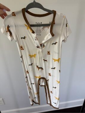 Kyte BABY Cream Dog Print Footie with Brown Trim